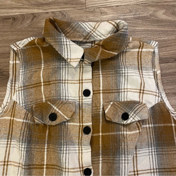 Mocha Brown Cream Plaid Print Sleeveless Vest/Coat/Jacket Size XL - Picture 2 of 6